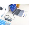 Manhattan USB-C Dock/Hub z czytnikiem kart, Porty (x7): Ethernet, HDMI, USB-A (x3) i USB-C (x2), z Power Delivery (PD) 100W – wymaga zewnętrznej ładowarki USB-C (nie dołączono). Zasilany przez USB (nie wymaga zewnętrznego zasilacza), gdy PD nie jest używane