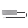 Manhattan USB-C Dock/Hub z czytnikiem kart, Porty (x7): Ethernet, HDMI, USB-A (x3) i USB-C (x2), z Power Delivery (PD) 100W – wymaga zewnętrznej ładowarki USB-C (nie dołączono). Zasilany przez USB (nie wymaga zewnętrznego zasilacza), gdy PD nie jest używane