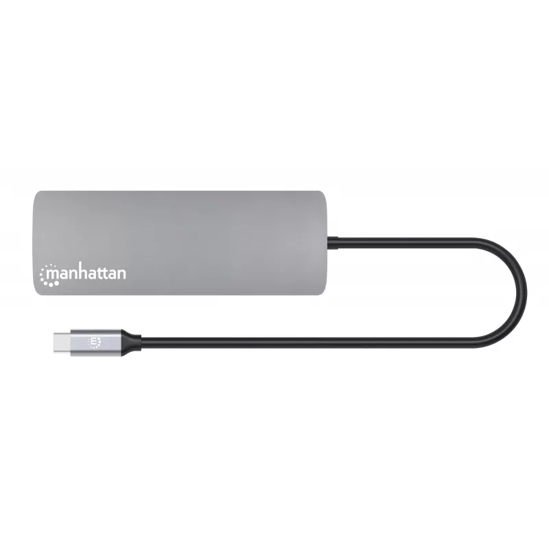 Manhattan USB-C Dock/Hub z czytnikiem kart, Porty (x7): Ethernet, HDMI, USB-A (x3) i USB-C (x2), z Power Delivery (PD) 100W – wymaga zewnętrznej ładowarki USB-C (nie dołączono). Zasilany przez USB (nie wymaga zewnętrznego zasilacza), gdy PD nie jest używane