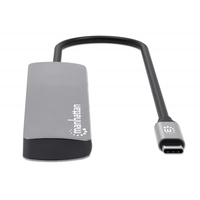 Manhattan USB-C Dock/Hub z czytnikiem kart, Porty (x7): Ethernet, HDMI, USB-A (x3) i USB-C (x2), z Power Delivery (PD) 100W – wymaga zewnętrznej ładowarki USB-C (nie dołączono). Zasilany przez USB (nie wymaga zewnętrznego zasilacza), gdy PD nie jest używane