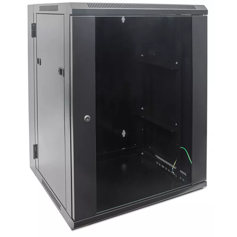 Intellinet 19-calowa szafa sieciowa - montaż na ścianie (dwusekcyjne drzwi uchylne), 15U, głębokość 550 mm, czarna, zmontowana, maks. 30 kg, odchylana umożliwia dostęp do tyłu szafy po zamontowaniu na ścianie, 19 cali, użyteczna głębokość 425 mm, elementy do montażu na ścianie nie są dołączone