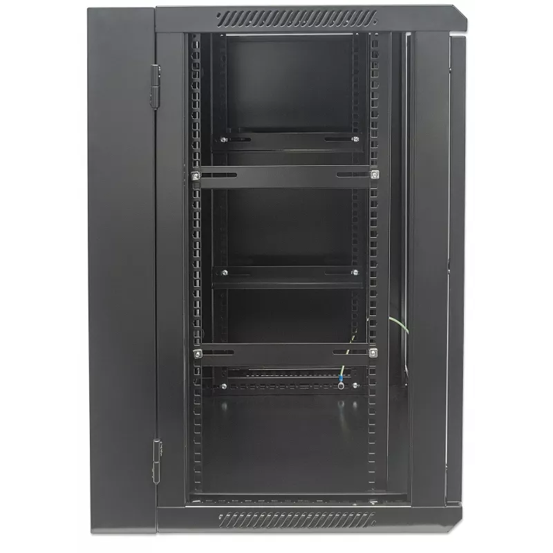 Intellinet 19-calowa szafa sieciowa - montaż na ścianie (dwusekcyjne drzwi uchylne), 15U, głębokość 550 mm, czarna, zmontowana, maks. 30 kg, odchylana umożliwia dostęp do tyłu szafy po zamontowaniu na ścianie, 19 cali, użyteczna głębokość 425 mm, elementy do montażu na ścianie nie są dołączone