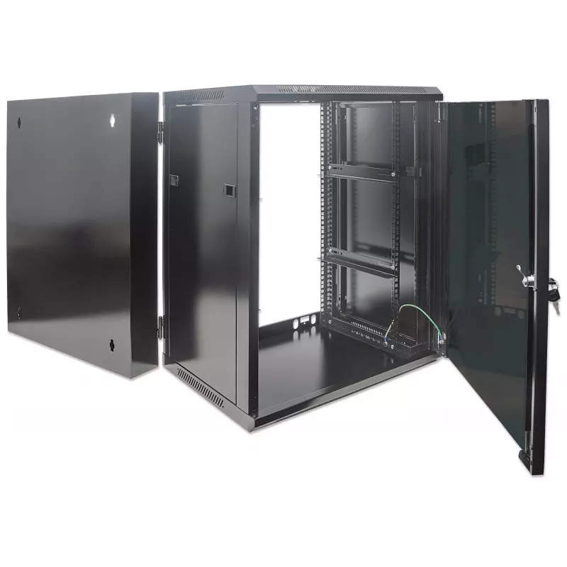 Intellinet 19-calowa szafa sieciowa - montaż na ścianie (dwusekcyjne drzwi uchylne), 15U, głębokość 550 mm, czarna, zmontowana, maks. 30 kg, odchylana umożliwia dostęp do tyłu szafy po zamontowaniu na ścianie, 19 cali, użyteczna głębokość 425 mm, elementy do montażu na ścianie nie są dołączone