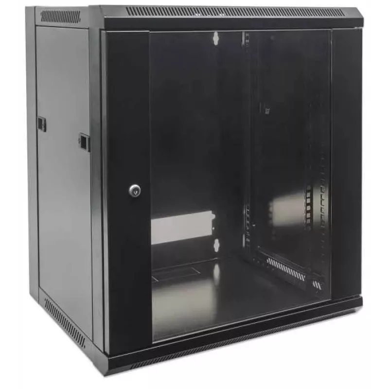 Szafa sieciowa Intellinet 19 cali - do montażu na ścianie (standardowa), 15U, głębokość 600 mm, czarna, pakowana na płasko, maks. 60 kg, drzwi metalowe i szklane, panel tylny, zdejmowane boki, można używać również na biurku lub podłodze, głębokość użytkowa 410 mm, elementy do montażu na ścianie nie są dołączone