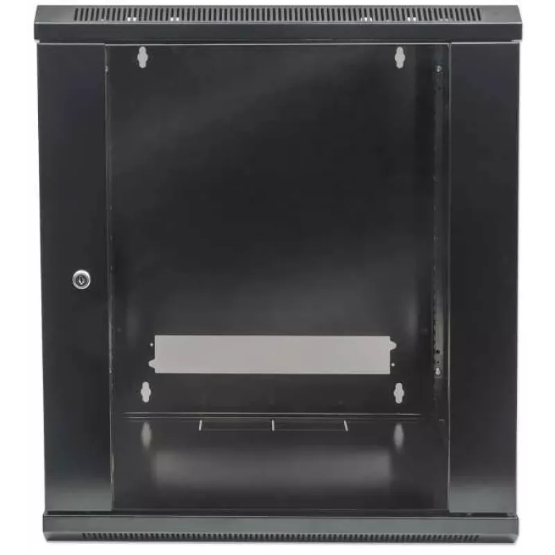 Szafa sieciowa Intellinet 19 cali - do montażu na ścianie (standardowa), 15U, głębokość 600 mm, czarna, pakowana na płasko, maks. 60 kg, drzwi metalowe i szklane, panel tylny, zdejmowane boki, można używać również na biurku lub podłodze, głębokość użytkowa 410 mm, elementy do montażu na ścianie nie są dołączone