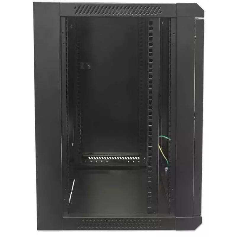 Szafa sieciowa Intellinet 19 cali - do montażu na ścianie (standardowa), 15U, głębokość 600 mm, czarna, pakowana na płasko, maks. 60 kg, drzwi metalowe i szklane, panel tylny, zdejmowane boki, można używać również na biurku lub podłodze, głębokość użytkowa 410 mm, elementy do montażu na ścianie nie są dołączone