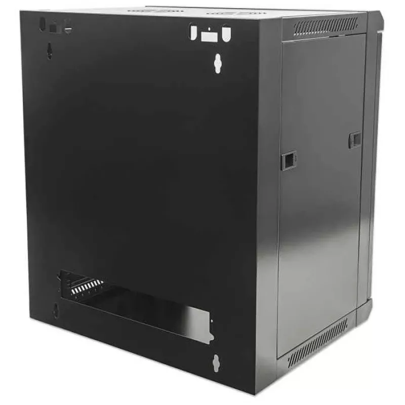 Szafa sieciowa Intellinet 19 cali - do montażu na ścianie (standardowa), 15U, głębokość 600 mm, czarna, pakowana na płasko, maks. 60 kg, drzwi metalowe i szklane, panel tylny, zdejmowane boki, można używać również na biurku lub podłodze, głębokość użytkowa 410 mm, elementy do montażu na ścianie nie są dołączone