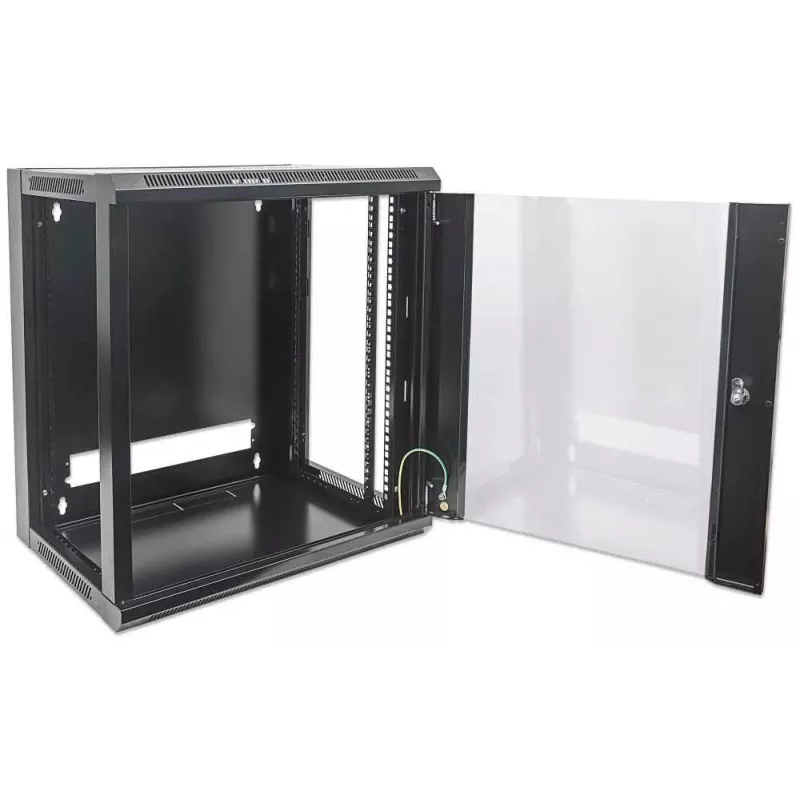 Szafa sieciowa Intellinet 19 cali - do montażu na ścianie (standardowa), 15U, głębokość 600 mm, czarna, pakowana na płasko, maks. 60 kg, drzwi metalowe i szklane, panel tylny, zdejmowane boki, można używać również na biurku lub podłodze, głębokość użytkowa 410 mm, elementy do montażu na ścianie nie są dołączone