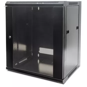 Szafa sieciowa Intellinet 19 cali - montaż ścienny (standard), 15U, głębokość 450mm, czarna, flatpack, maks. 60kg, drzwi metalowo-szklane, panel tylny, zdejmowane boki, odpowiednia również do ustawienia na biurku lub podłodze, głębokość użytkowa od 260mm 