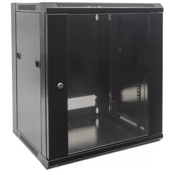 Szafa sieciowa Intellinet 19 cali - montaż ścienny (standard), 15U, głębokość 450mm, czarna, flatpack, maks. 60kg, drzwi metalowo-szklane, panel tylny, zdejmowane boki, odpowiednia również do ustawienia na biurku lub podłodze, głębokość użytkowa od 260mm 