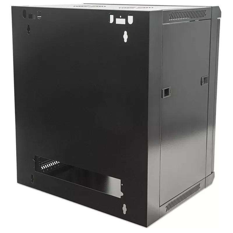 Szafa sieciowa Intellinet 19 cali - montaż ścienny (standard), 15U, głębokość 450mm, czarna, flatpack, maks. 60kg, drzwi metalowo-szklane, panel tylny, zdejmowane boki, odpowiednia również do ustawienia na biurku lub podłodze, głębokość użytkowa od 260mm 
