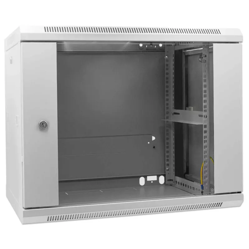 Szafa sieciowa Intellinet 19 cali - montaż ścienny (standardowa), 9U, głębokość 600 mm, szara, zmontowana, maks. 60 kg, nadaje się również do użytku na biurku lub podłodze, głębokość użytkowa 500 mm, drzwi metalowe i szklane, panel tylny, zdejmowane boki, elementy do montażu ściennego (np. śruby/kołki rozporowe) nie są dołączone