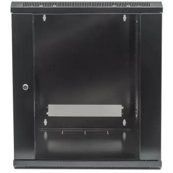 Szafa rackowa sieciowa Intellinet 19 cali - montaż na ścianie (Standard), 9U, głębokość 600 mm, czarna, w płaskim opakowaniu, maks. 60 kg, odpowiednia również do użytku na biurku lub podłodze, głębokość użytkowa 410 mm, drzwi metalowo-szklane, panel tylny, zdejmowane panele boczne, elementy do montażu ściennego (np. śruby/kołki rozporowe) nie są dołączone