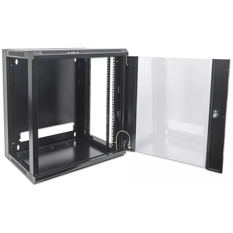 Szafa rackowa sieciowa Intellinet 19 cali - montaż na ścianie (Standard), 9U, głębokość 600 mm, czarna, w płaskim opakowaniu, maks. 60 kg, odpowiednia również do użytku na biurku lub podłodze, głębokość użytkowa 410 mm, drzwi metalowo-szklane, panel tylny, zdejmowane panele boczne, elementy do montażu ściennego (np. śruby/kołki rozporowe) nie są dołączone