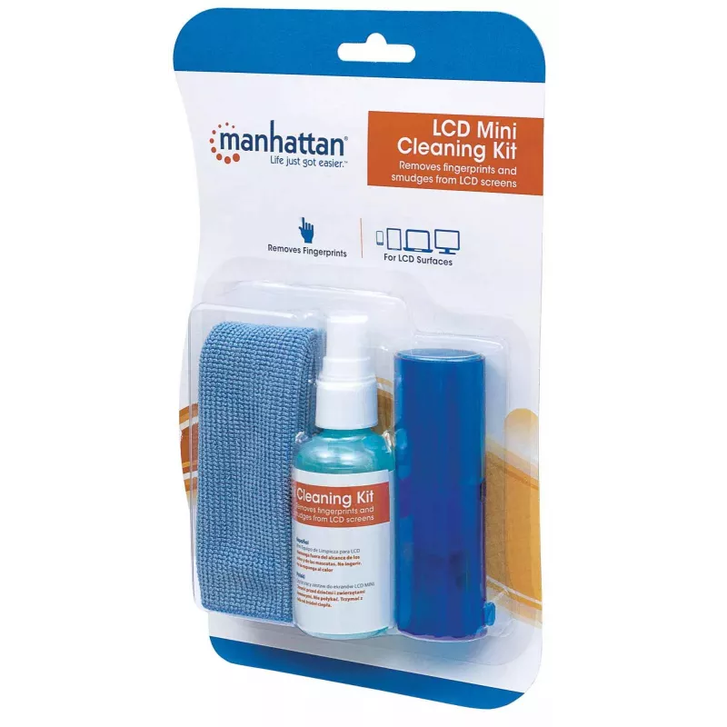 Zestaw do czyszczenia ekranów LCD Manhattan (mini), bezalkoholowy, zawiera płyn czyszczący (60 ml), pędzelek i ściereczkę z mikrofibry, idealny do monitorów, laptopów, klawiatur itp., trzyletnia gwarancja