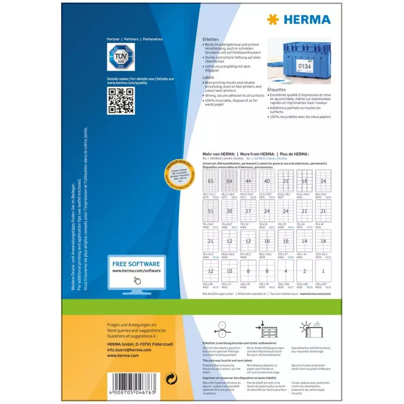 Etykiety HERMA Premium A4 105x148 mm białe, matowe, 400 szt.