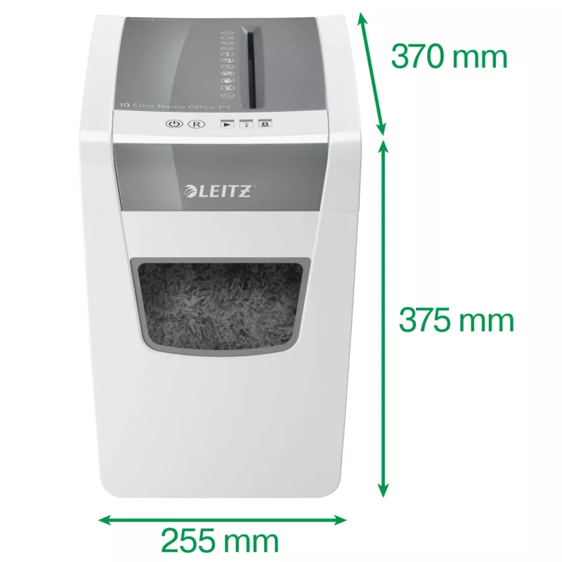 Niszczarka Leitz IQ cienki Home Office P4, cięcie poprzeczne, 22 cm, 4 x 28 mm, 23 l, 225 arkuszy, 58 dB