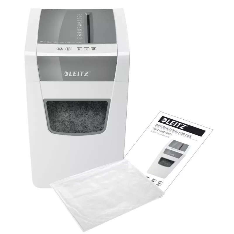 Niszczarka Leitz IQ cienki Home Office P4, cięcie poprzeczne, 22 cm, 4 x 28 mm, 23 l, 225 arkuszy, 58 dB