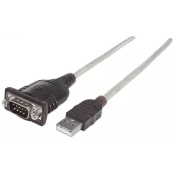 Kabel konwertera Manhattan USB-A na szeregowy, 1,8 m, męski na męski, szeregowy/RS232/COM/DB9, układ Prolific PL-2303RA, czarno-srebrny kabel, trzyletnia gwarancja