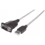 Kabel konwertera Manhattan USB-A na szeregowy, 1,8 m, męski na męski, szeregowy/RS232/COM/DB9, układ Prolific PL-2303RA, czarno-srebrny kabel, trzyletnia gwarancja