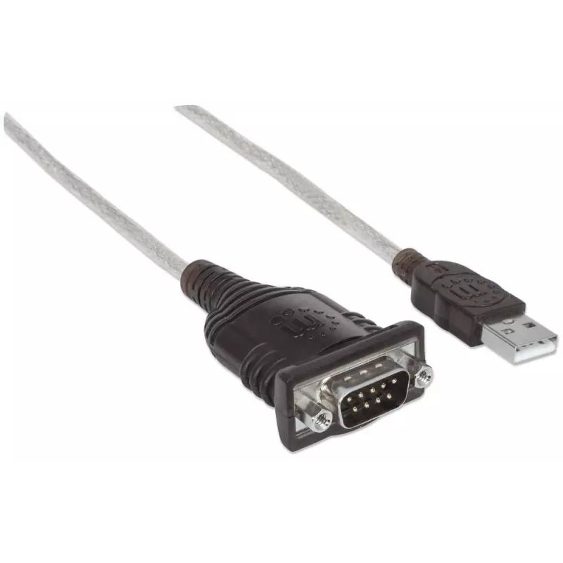 Kabel konwertera Manhattan USB-A na szeregowy, 1,8 m, męski na męski, szeregowy/RS232/COM/DB9, układ Prolific PL-2303RA, czarno-srebrny kabel, trzyletnia gwarancja