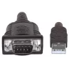 Kabel konwertera Manhattan USB-A na szeregowy, 1,8 m, męski na męski, szeregowy/RS232/COM/DB9, układ Prolific PL-2303RA, czarno-srebrny kabel, trzyletnia gwarancja