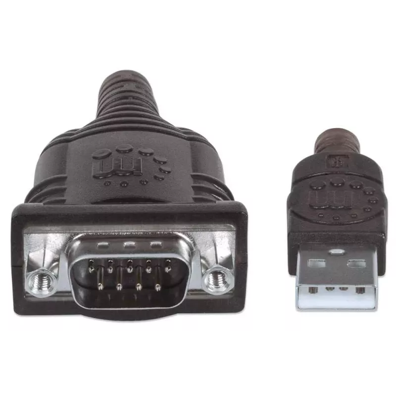 Kabel konwertera Manhattan USB-A na szeregowy, 1,8 m, męski na męski, szeregowy/RS232/COM/DB9, układ Prolific PL-2303RA, czarno-srebrny kabel, trzyletnia gwarancja