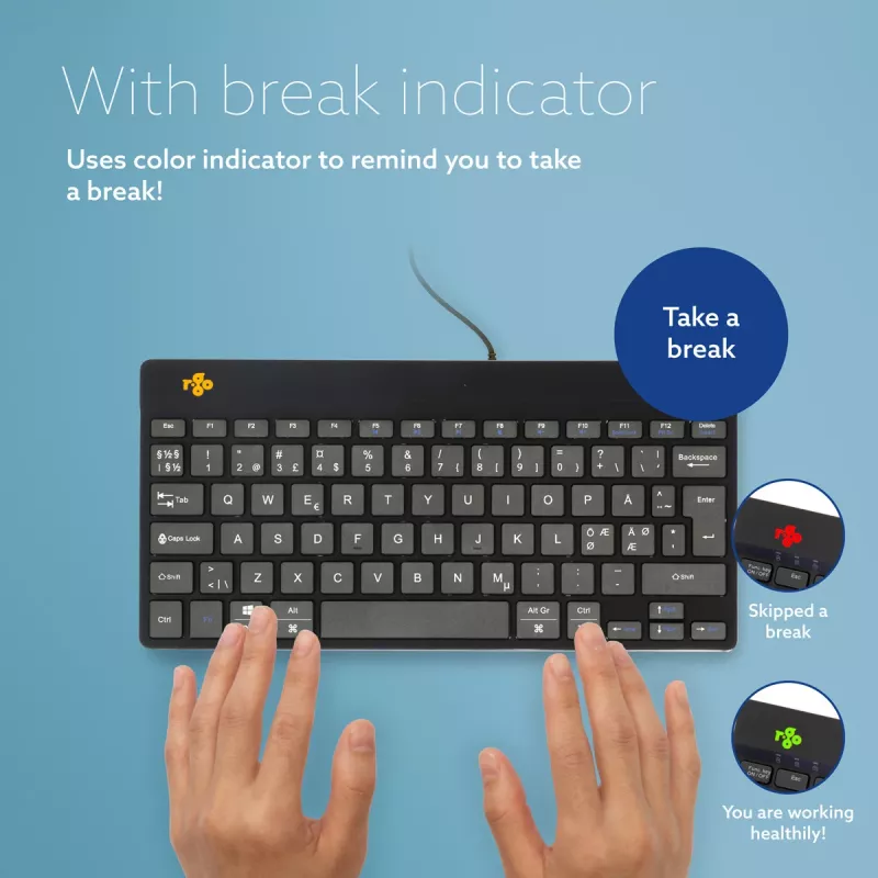 Klawiatura ergonomiczna R-Go Tools R-Go Compact Break, klawiatura kompaktowa z oprogramowaniem do przerw, QWERTY (NORDIC), przewodowa, czarna