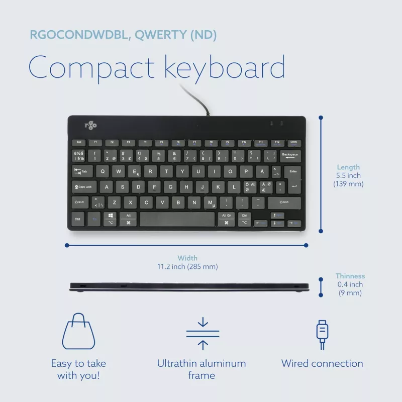 Klawiatura ergonomiczna R-Go Tools R-Go Compact Break, klawiatura kompaktowa z oprogramowaniem do przerw, QWERTY (NORDIC), przewodowa, czarna