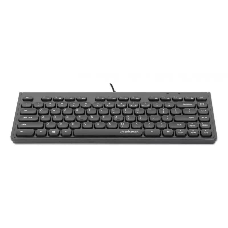 Manhattan cienki Wired USB Mini klawiatura, 12 klawiszy multimedialnych/funkcyjnych, wbudowany kabel USB-A o długości 1,5 m, kompaktowy, niskoprofilowy format, do komputera stacjonarnego i laptopa, czarny