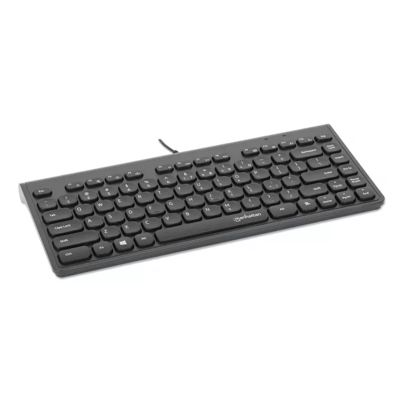 Manhattan cienki Wired USB Mini klawiatura, 12 klawiszy multimedialnych/funkcyjnych, wbudowany kabel USB-A o długości 1,5 m, kompaktowy, niskoprofilowy format, do komputera stacjonarnego i laptopa, czarny