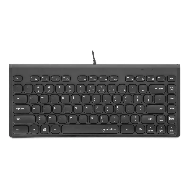 Manhattan cienki Wired USB Mini klawiatura, 12 klawiszy multimedialnych/funkcyjnych, wbudowany kabel USB-A o długości 1,5 m, kompaktowy, niskoprofilowy format, do komputera stacjonarnego i laptopa, czarny