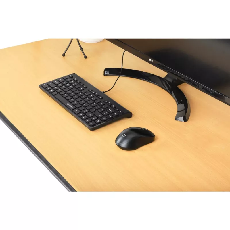 Manhattan cienki Wired USB Mini klawiatura, 12 klawiszy multimedialnych/funkcyjnych, wbudowany kabel USB-A o długości 1,5 m, kompaktowy, niskoprofilowy format, do komputera stacjonarnego i laptopa, czarny