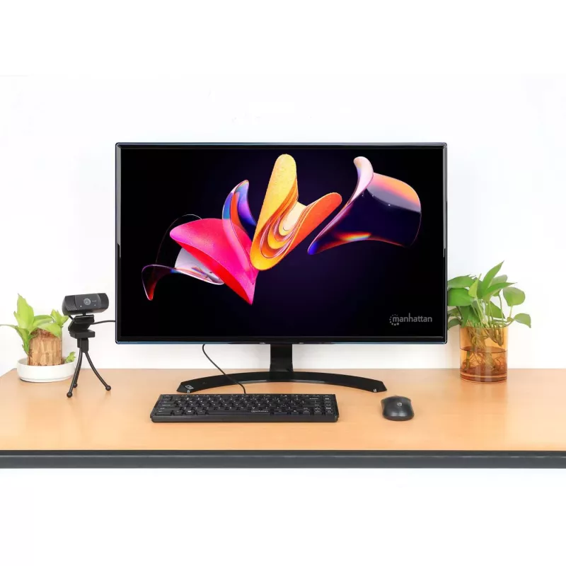 Manhattan cienki Wired USB Mini klawiatura, 12 klawiszy multimedialnych/funkcyjnych, wbudowany kabel USB-A o długości 1,5 m, kompaktowy, niskoprofilowy format, do komputera stacjonarnego i laptopa, czarny