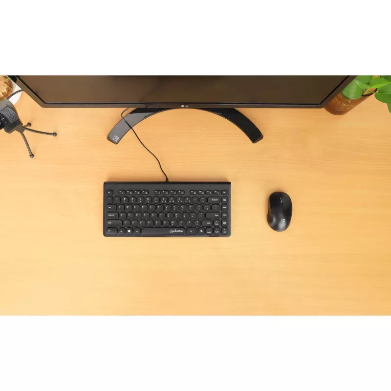 Manhattan cienki Wired USB Mini klawiatura, 12 klawiszy multimedialnych/funkcyjnych, wbudowany kabel USB-A o długości 1,5 m, kompaktowy, niskoprofilowy format, do komputera stacjonarnego i laptopa, czarny