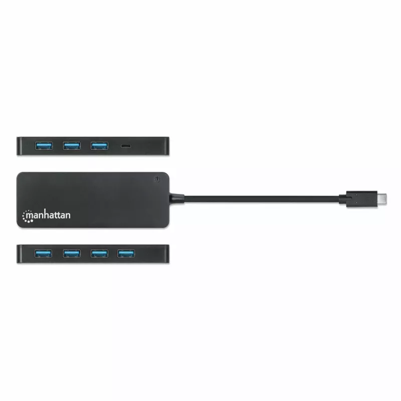 Manhattan USB-C Dock/Hub, Porty (x7): USB-A (x7), 5 Gb/s (USB 3.2 Gen1 czyli USB 3.0), Zewnętrzne zasilanie niepotrzebne, Uniwersalny dla wszystkich urządzeń, Kabel 15 cm, SuperSpeed USB, Czarny, Trzyletnia gwarancja