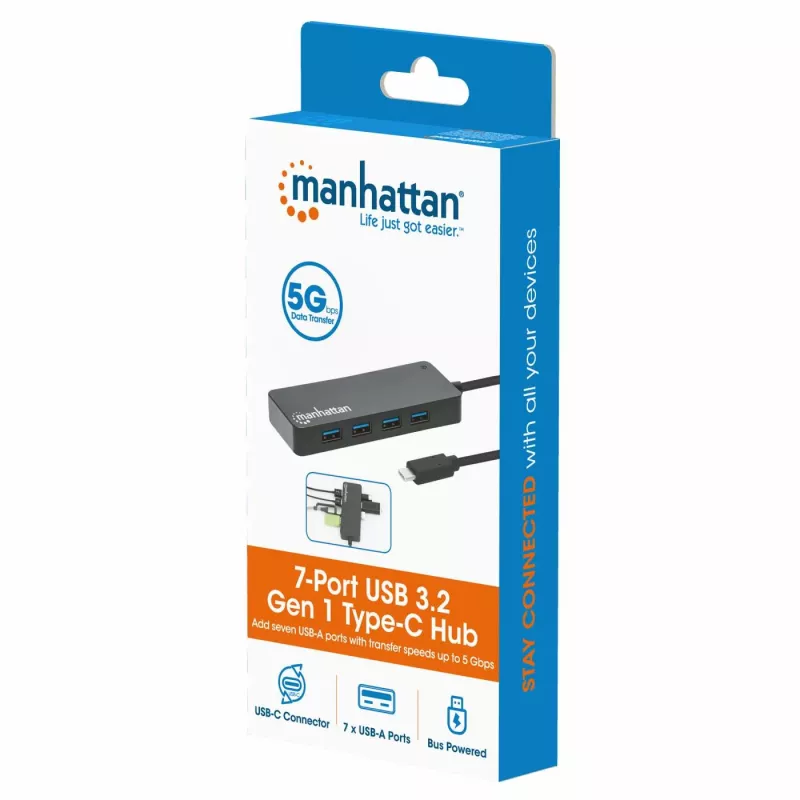 Manhattan USB-C Dock/Hub, Porty (x7): USB-A (x7), 5 Gb/s (USB 3.2 Gen1 czyli USB 3.0), Zewnętrzne zasilanie niepotrzebne, Uniwersalny dla wszystkich urządzeń, Kabel 15 cm, SuperSpeed USB, Czarny, Trzyletnia gwarancja