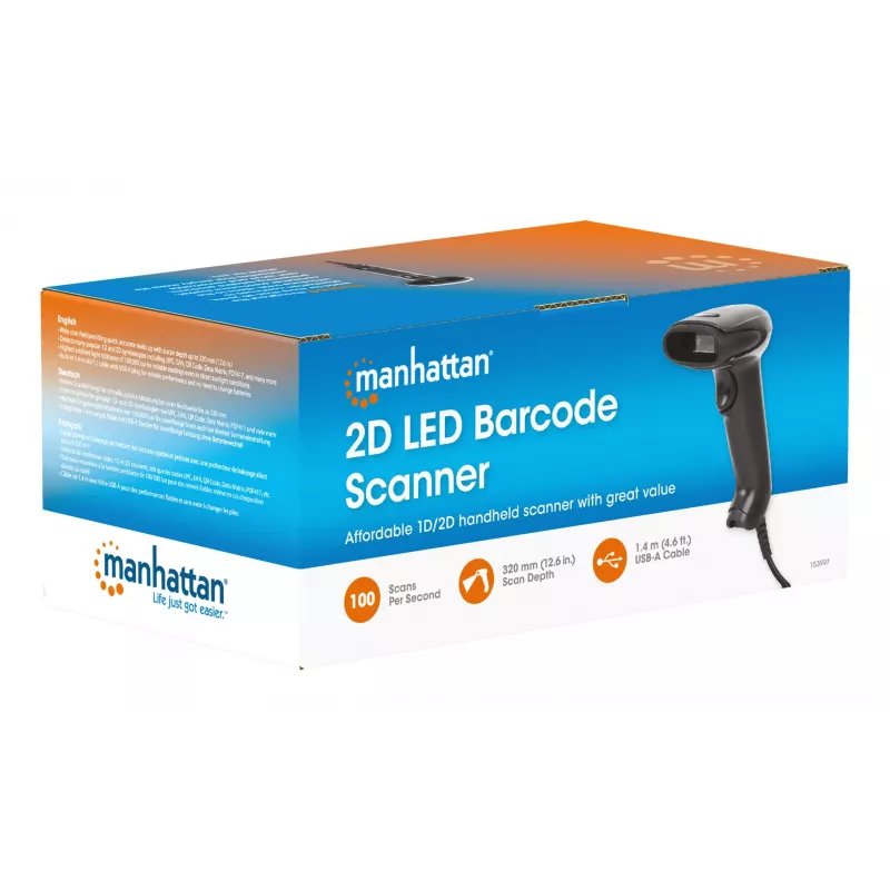 Manhattan Kontaktowy, reczny skaner kodów kreskowych CCD, USB, szerokość skanowania 60 mm, kabel 152 cm, maks. oświetlenie otoczenia 5 000 luksów (światło słoneczne), czarny, trzyletnia gwarancja