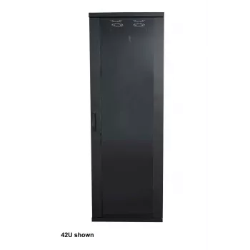 Intellinet 19-calowa szafa sieciowa - wolnostojąca (Basic), 32U, 600x800mm (szerokość x głębokość), Czarna, Płaska paczka, Maks. 600kg, Zamek jednopunktowy drzwi, Jeden zamek na panel boczny, Głębokość użytkowa 123 do 573mm, Stojak, IP20, Stal