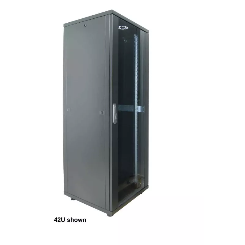 Intellinet 19-calowa szafa sieciowa - wolnostojąca (Basic), 32U, 600x800mm (szerokość x głębokość), Czarna, Płaska paczka, Maks. 600kg, Zamek jednopunktowy drzwi, Jeden zamek na panel boczny, Głębokość użytkowa 123 do 573mm, Stojak, IP20, Stal