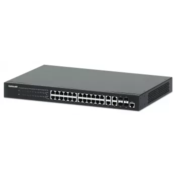 Intellinet 24-portowy gigabitowy Ethernet PoE+ przełącznik zarządzany przez przeglądarkę z 4 gigabitowymi portami combo Base-T/SFP, zgodny z IEEE 802.3at/af Power over Ethernet (PoE+/PoE), 370 W, Endspan, obudowa rack 19 cali