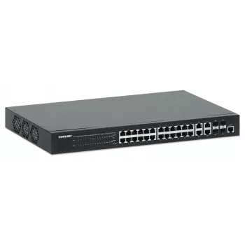 Intellinet 24-portowy gigabitowy Ethernet PoE+ przełącznik zarządzany przez przeglądarkę z 4 gigabitowymi portami combo Base-T/SFP, zgodny z IEEE 802.3at/af Power over Ethernet (PoE+/PoE), 370 W, Endspan, obudowa rack 19 cali