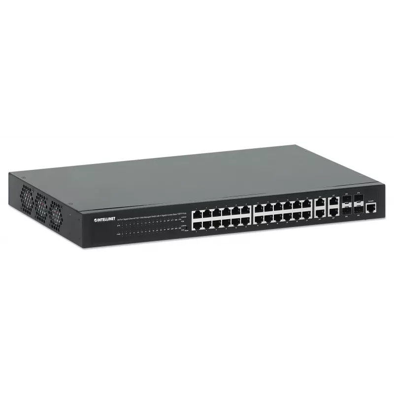 Intellinet 24-portowy gigabitowy Ethernet PoE+ przełącznik zarządzany przez przeglądarkę z 4 gigabitowymi portami combo Base-T/SFP, zgodny z IEEE 802.3at/af Power over Ethernet (PoE+/PoE), 370 W, Endspan, obudowa rack 19 cali