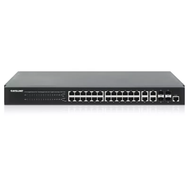 Intellinet 24-portowy gigabitowy Ethernet PoE+ przełącznik zarządzany przez przeglądarkę z 4 gigabitowymi portami combo Base-T/SFP, zgodny z IEEE 802.3at/af Power over Ethernet (PoE+/PoE), 370 W, Endspan, obudowa rack 19 cali
