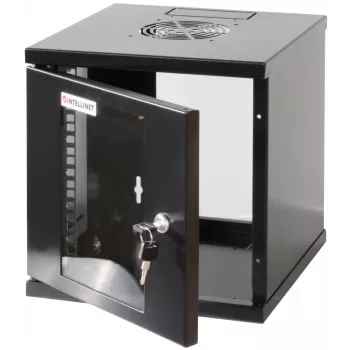 Intellinet 10-calowa szafa sieciowa – montaż naścienny (Standard), 6U, głębokość 300 mm, czarna, zmontowana, maks. 60 kg, odpowiednia również do użytku na biurku lub podłodze, głębokość użytkowa 265 mm, drzwi metalowe i szklane, panel tylny, zdejmowane boki, elementy do montażu ściennego (np. śruby/kołki rozporowe) nie są dołączone