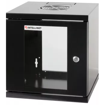 Intellinet 10-calowa szafa sieciowa – montaż naścienny (Standard), 6U, głębokość 300 mm, czarna, zmontowana, maks. 60 kg, odpowiednia również do użytku na biurku lub podłodze, głębokość użytkowa 265 mm, drzwi metalowe i szklane, panel tylny, zdejmowane boki, elementy do montażu ściennego (np. śruby/kołki rozporowe) nie są dołączone