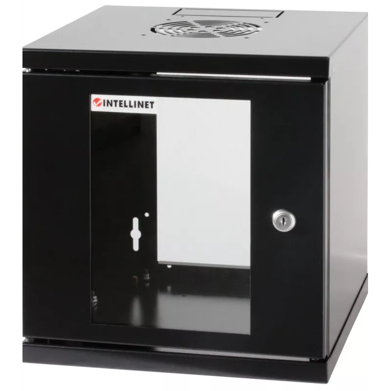 Intellinet 10-calowa szafa sieciowa – montaż naścienny (Standard), 6U, głębokość 300 mm, czarna, zmontowana, maks. 60 kg, odpowiednia również do użytku na biurku lub podłodze, głębokość użytkowa 265 mm, drzwi metalowe i szklane, panel tylny, zdejmowane boki, elementy do montażu ściennego (np. śruby/kołki rozporowe) nie są dołączone