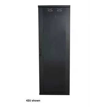Intellinet 19-calowa szafa sieciowa - Wolnostojąca (Basic), 22U, 600x800 mm (szer. x gł.), Czarna, Płaska paczka, Maks. 600 kg, Zamek jednopunktowy w drzwiach, Jeden zamek na panel boczny, Głębokość użytkowa od 123 do 573 mm, Stelaż, Klasa IP20, Stal