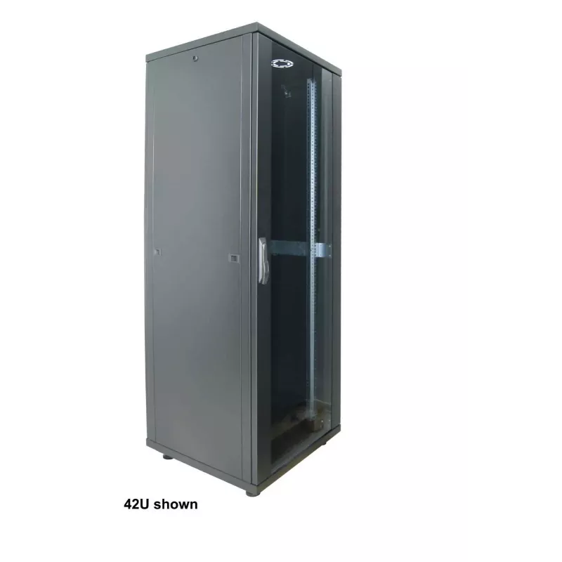 Intellinet 19-calowa szafa sieciowa - Wolnostojąca (Basic), 22U, 600x800 mm (szer. x gł.), Czarna, Płaska paczka, Maks. 600 kg, Zamek jednopunktowy w drzwiach, Jeden zamek na panel boczny, Głębokość użytkowa od 123 do 573 mm, Stelaż, Klasa IP20, Stal