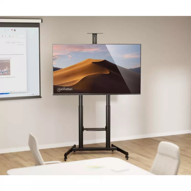 Manhattan Trolley Mount Stand for TV & Monitors (regulacja wysokości korbą), Do ekranów: 37 inch do 120 inch, Kompatybilność VESA: wszystkie między 200x200 do 1000x600mm - sprawdź wymiary czterech otworów montażowych z tyłu ekranu, aby upewnić się, że pasują, Maks. 120kg, 1180 do 1630mm